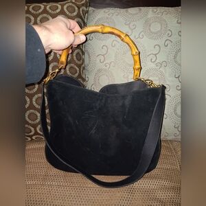 Gucci Seude & Leather Bamboo Handle Bag With Long Strap